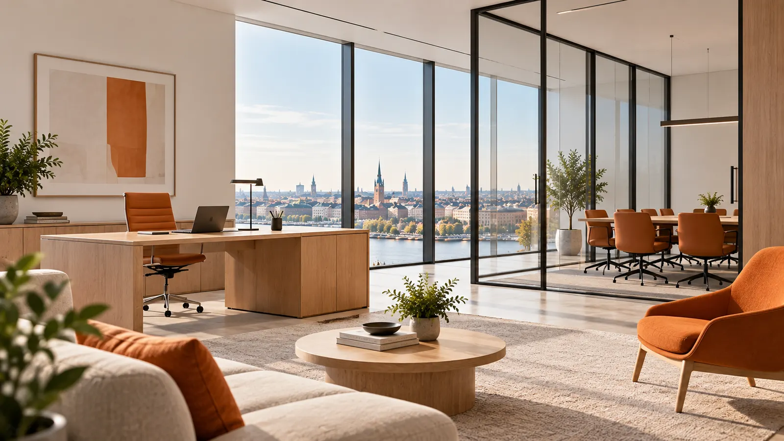Kontor med stor glasvägg och utsikt över storstaden